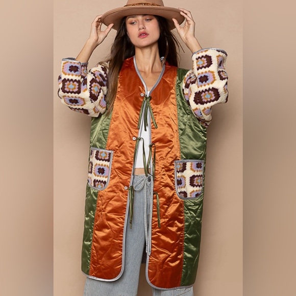 #027 Last 1!! M/L POL cardigan in quilted woven with textured knit patch point - Picture 4 of 6